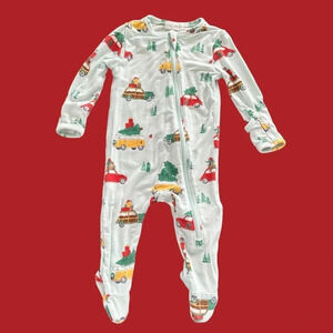 Angel Dear Baby Boys 0-3 months Blue Christmas Tree Cars Zip Up Pajamas Holiday